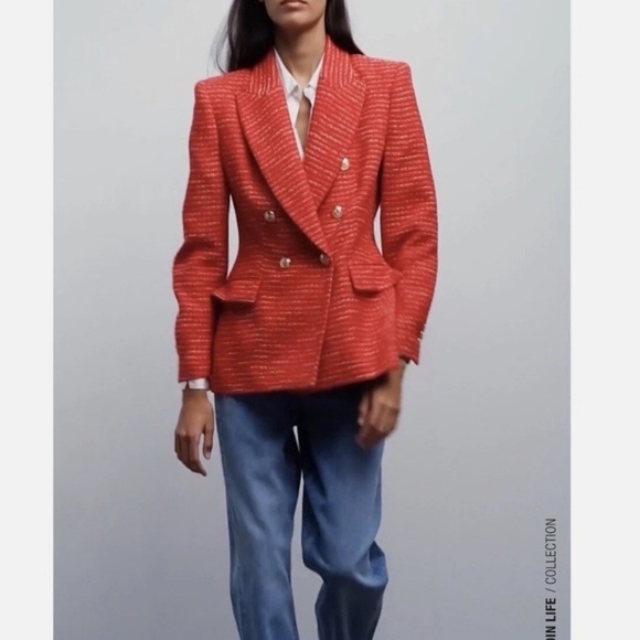 Zara Red Textured Tweed Double Breasted Blazer - Picture 2 of 7